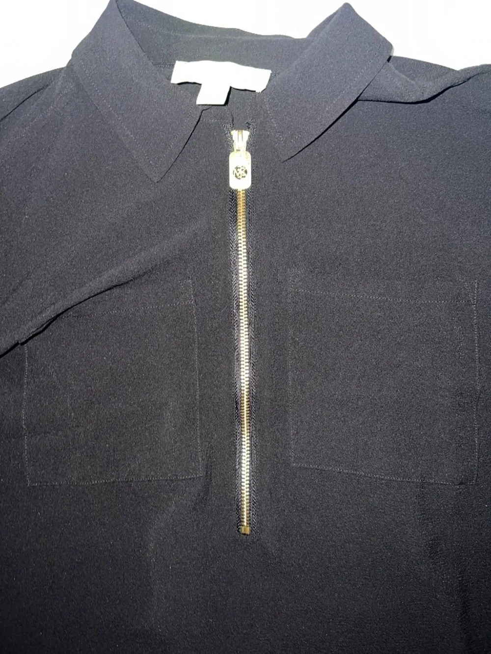 Michael Kors Black Gold Half Dog Tag Zip Blouse with Roll Up Sleeves Size Medium
